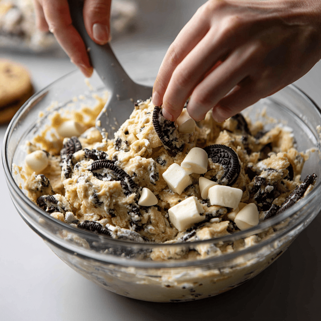 Cookies & Cream Cookies: 5 Secret Tips for Ultra‑Soft Perfection 7 Mixing cookie dough for soft and chewy Cookies & Cream Cookies with Oreo chunks and white chocolate chips.