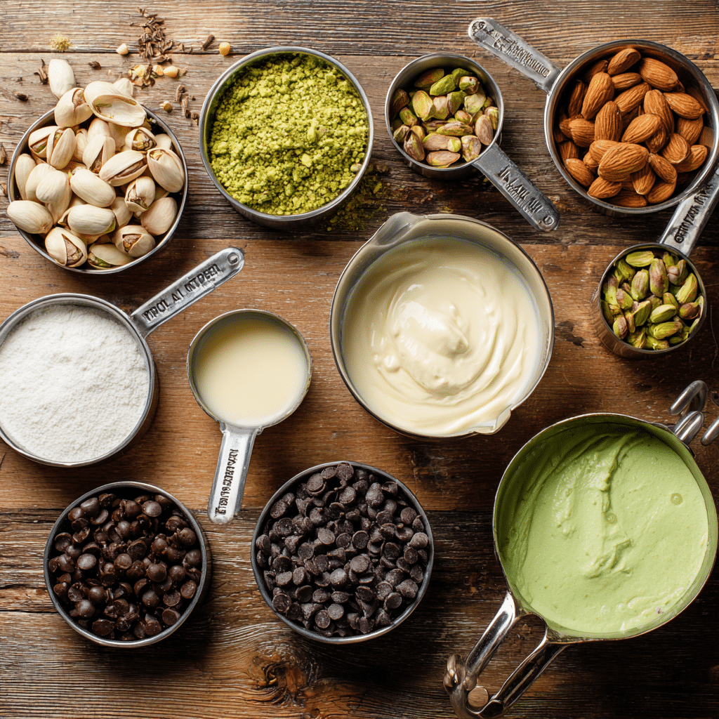 Chocolate Swirl Pistachio Ice Cream: 7-Step No-Churn Delight 6 Ingredients for Chocolate Swirl Pistachio Ice Cream laid out: pistachios, condensed milk, heavy cream, chocolate chips, vanilla, and almond extract on a rustic surface.