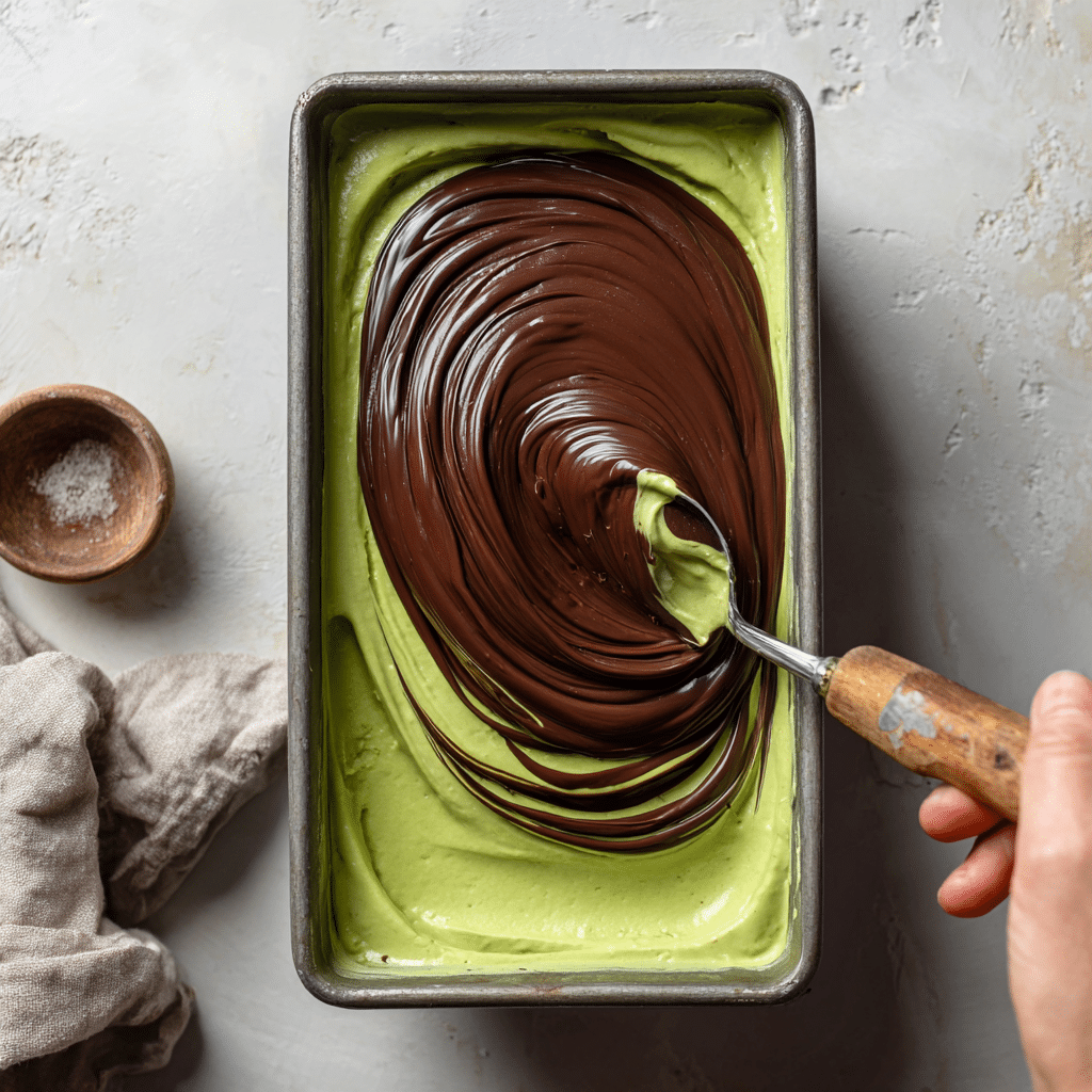 Chocolate Swirl Pistachio Ice Cream: 7-Step No-Churn Delight 7 Swirling rich chocolate ganache into pistachio ice cream base in a metal pan, ready to freeze for a no-churn frozen dessert.