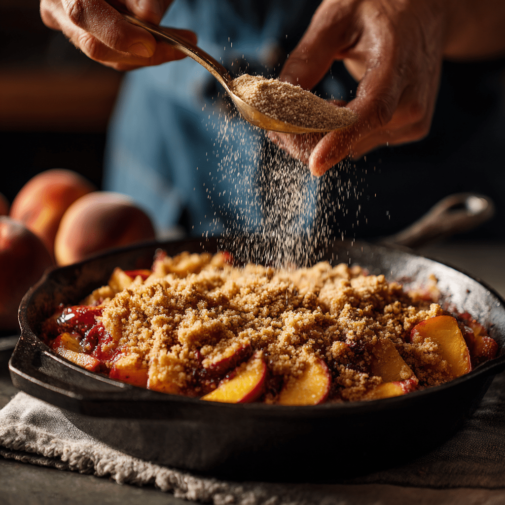 Perfect Peach Crisp: 7 Secrets to a Golden, Crunchy Topping 7 Topping a peach crisp with brown sugar oat crumble before baking