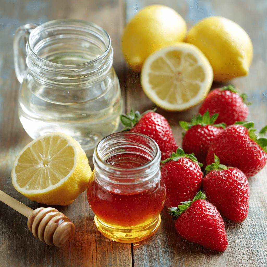 Honey-Sweetened Strawberry Lemonade – 4-Ingredient Irresistible Drink 6 Ingredients for Honey-Sweetened Strawberry Lemonade including fresh strawberries, lemons, honey, and water.