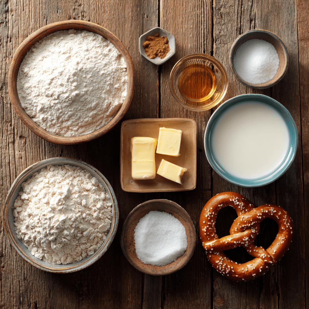 Easy Homemade Soft Pretzels – 9 Simple Steps for Chewy Perfection 6 “Ingredients for Easy Homemade Soft Pretzels on a rustic kitchen table”