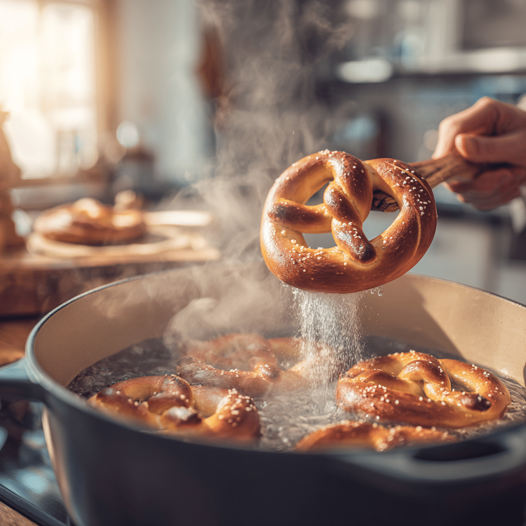 Easy Homemade Soft Pretzels – 9 Simple Steps for Chewy Perfection 7 Boiling Easy Homemade Soft Pretzels in baking soda bath for chewy texture”