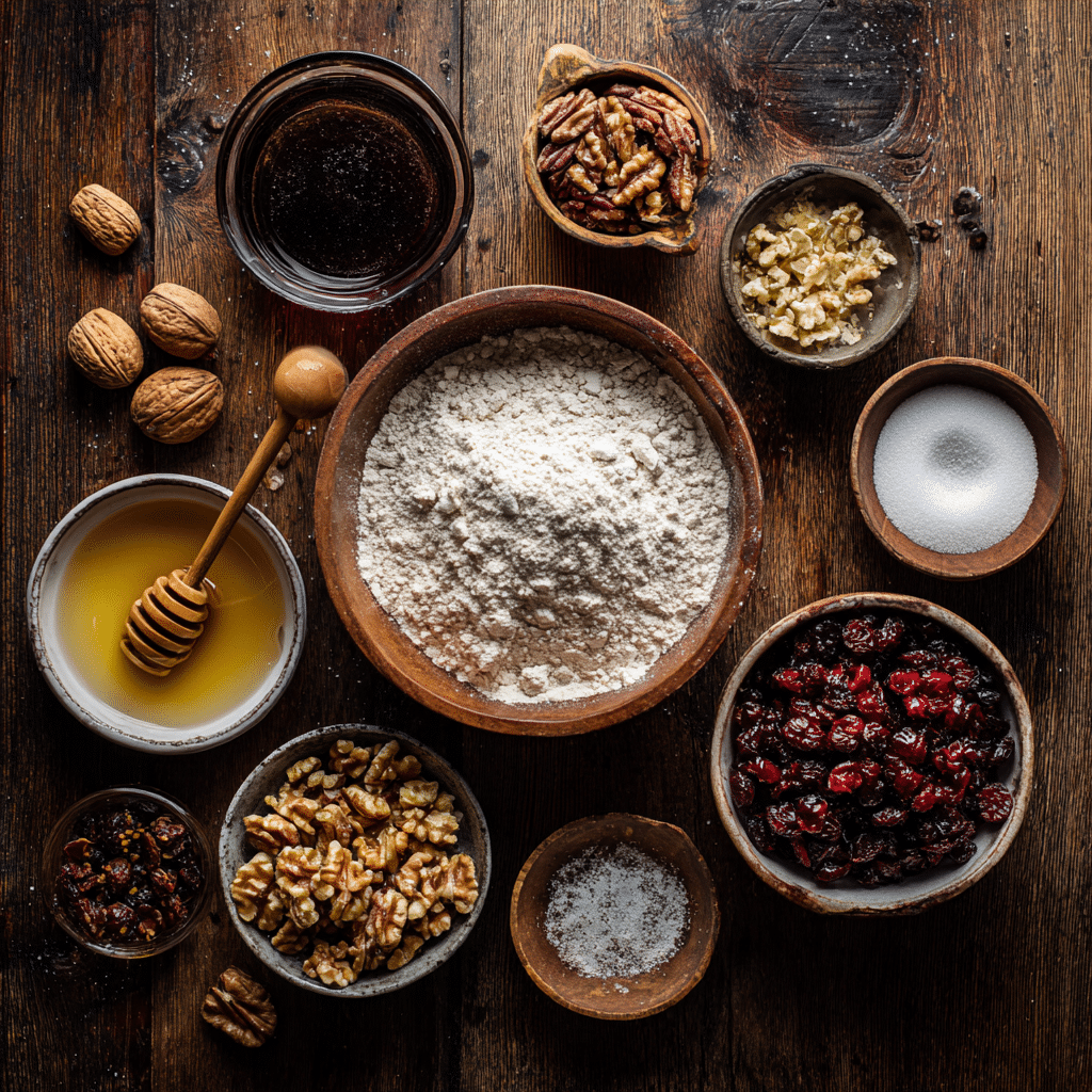 Crusty Cranberry Nut No-Knead Bread: 7 Secrets for Perfect Artisan Loaf 6 "Ingredients for crusty cranberry nut no-knead bread including flour, cranberries, walnuts, honey, yeast, and salt on rustic wooden table"