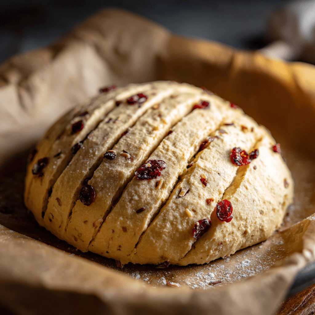 Crusty Cranberry Nut No-Knead Bread: 7 Secrets for Perfect Artisan Loaf 7 "Scored dough for crusty cranberry nut no-knead bread resting on parchment paper before baking"