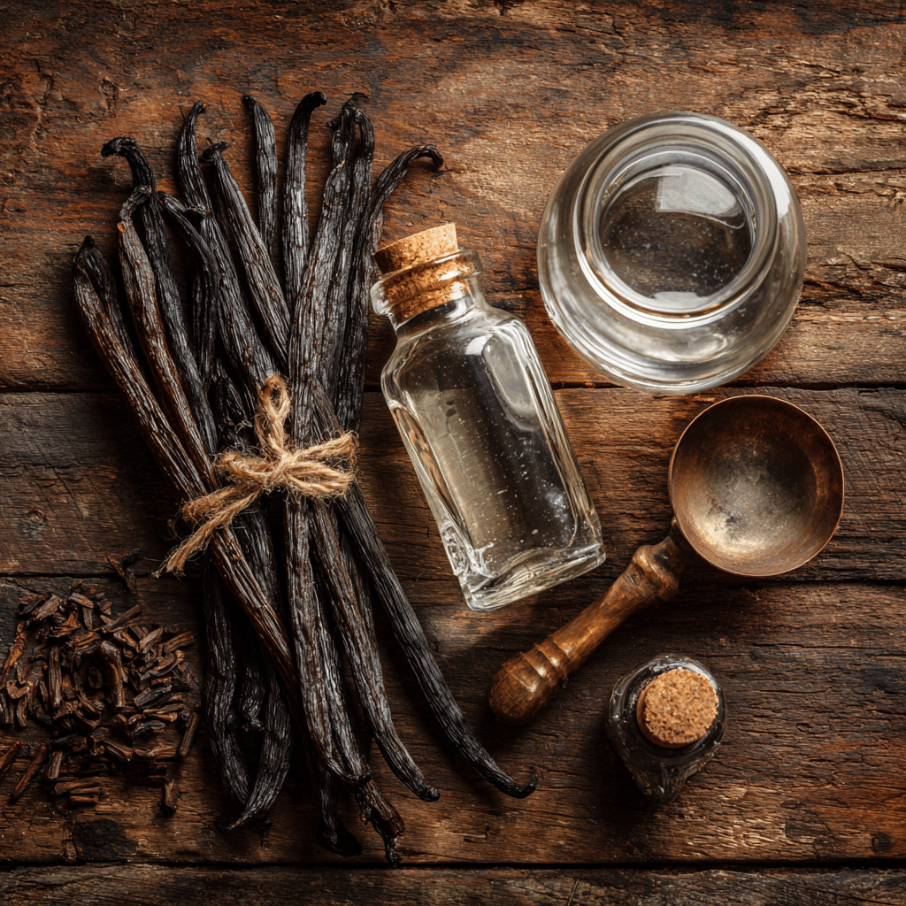 Homemade Vanilla Extract: 7 Secrets to Richer Flavor & Longer Shelf Life 6 vanilla beans, vegetable glycerin, and distilled water ready to make homemade vanilla extract without alcohol”