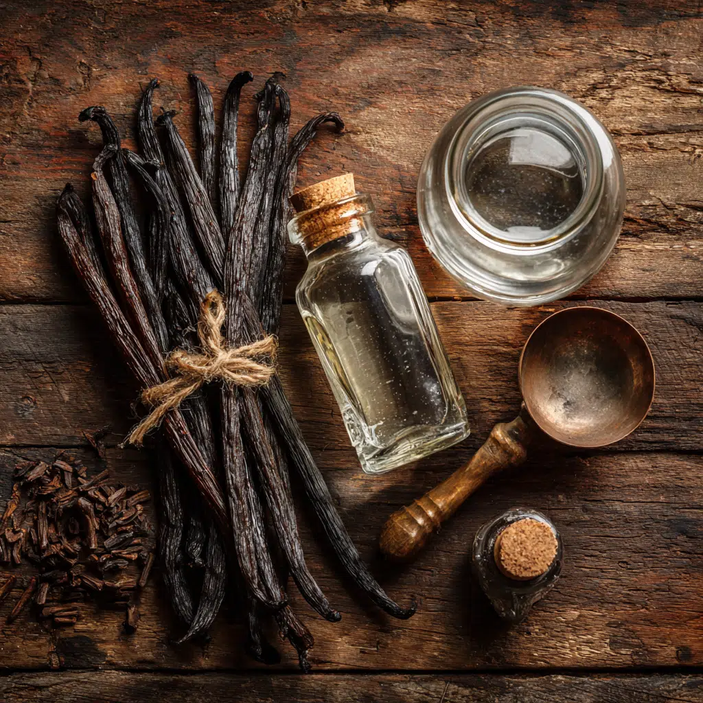 vanilla beans, vegetable glycerin, and distilled water ready to make homemade vanilla extract without alcohol”