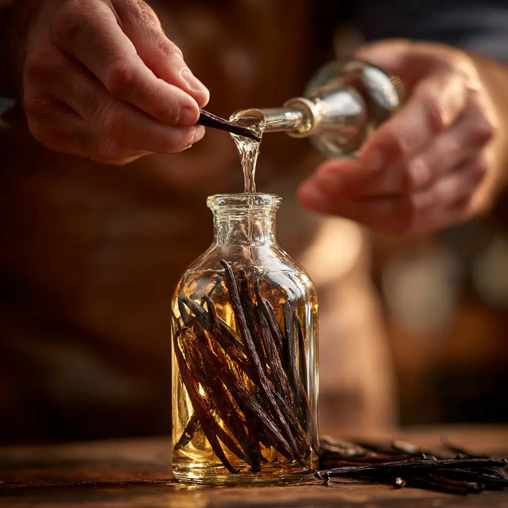 making homemade vanilla extract without alcohol by adding beans and glycerin to a bottle”