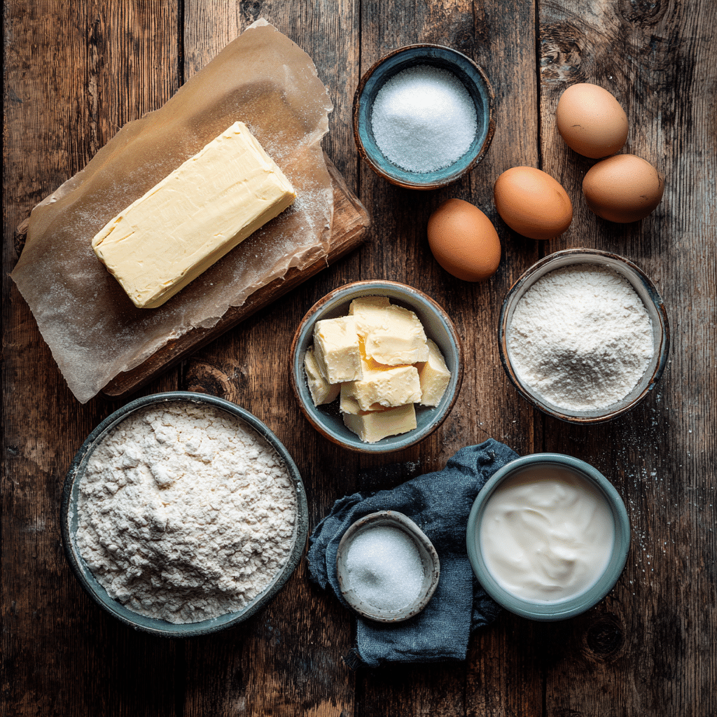 Cream Cheese Pound Cake Recipe – 7 Easy Steps for Moist Perfection 7 Cream Cheese Pound Cake ingredients arranged on a wooden counter.
