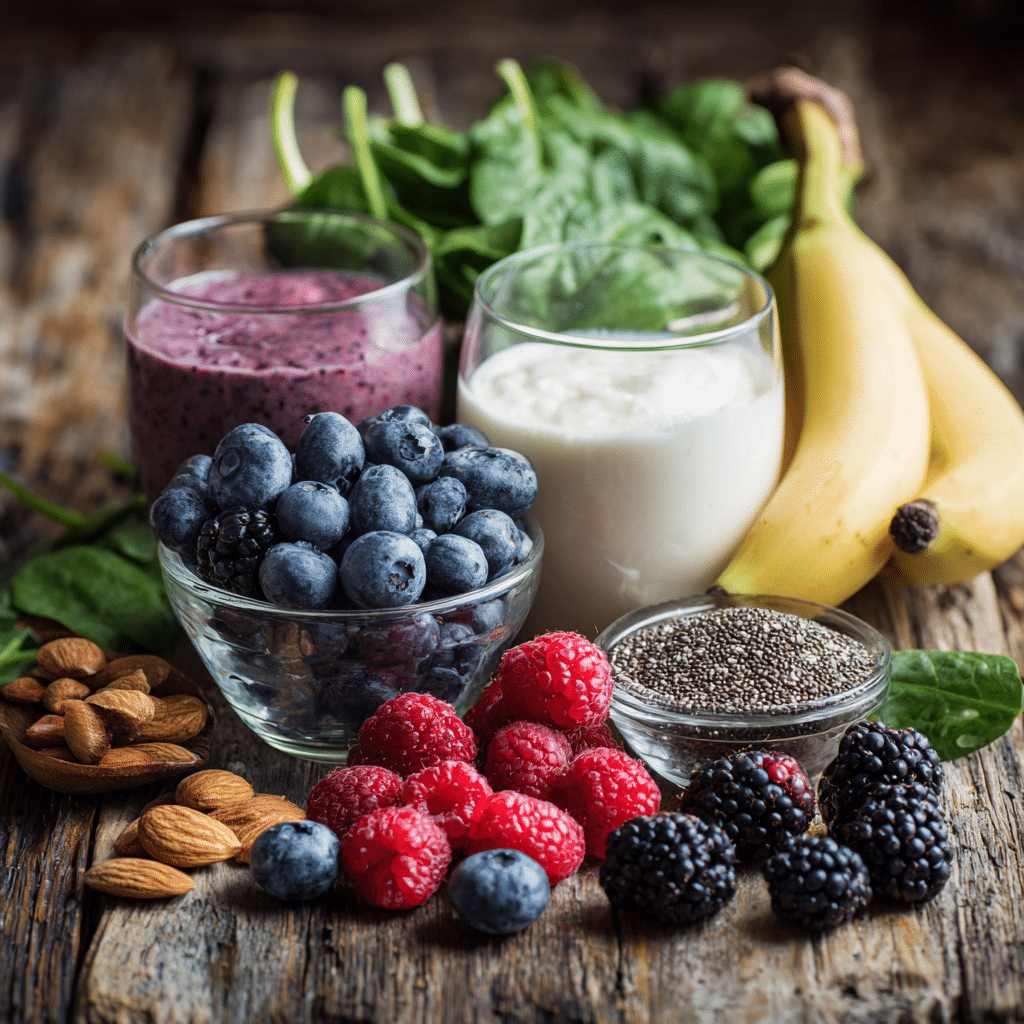 Berry Purple Power Smoothie: 7 Easy Steps to Energize Your Day 7 Berry Purple Power Smoothie ingredients arranged on a rustic wooden table.