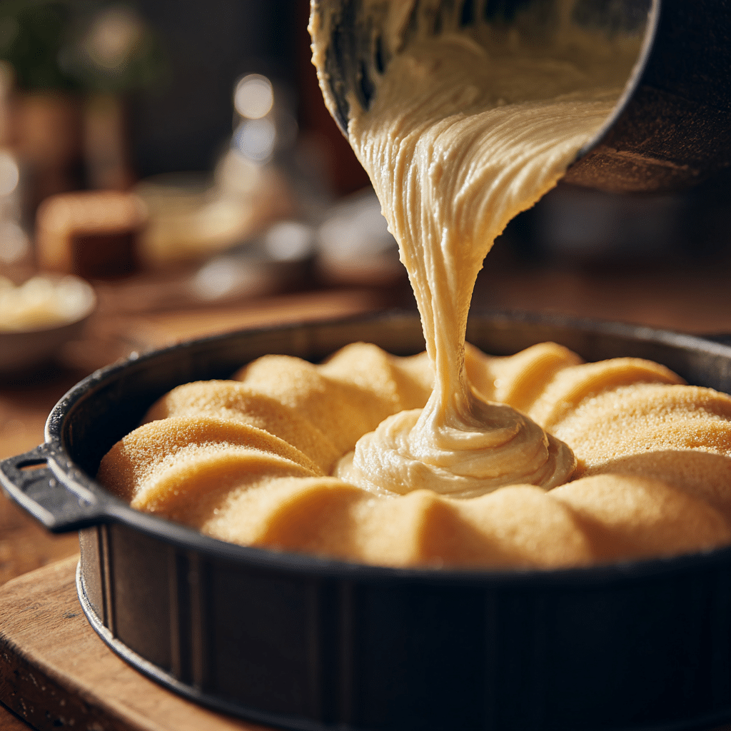 Cream Cheese Pound Cake Recipe – 7 Easy Steps for Moist Perfection 8 Cream cheese pound cake batter being poured into a bundt pan.