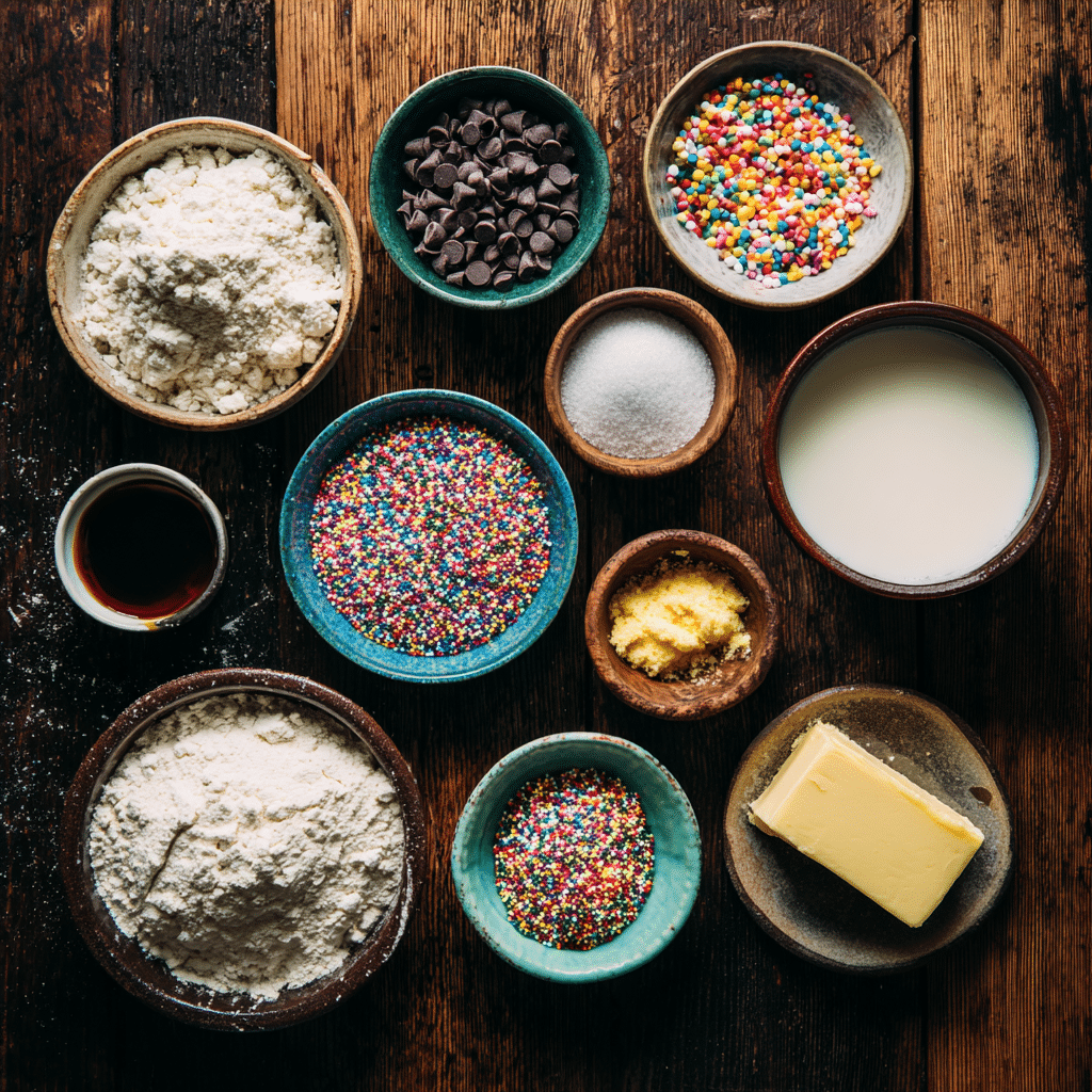 Rainbow Sprinkle Scones: 7 Sweet Steps to a Colorful Breakfast 6 Overhead image of rainbow sprinkle scone ingredients with labeled chocolate chips, sprinkles, and flour.