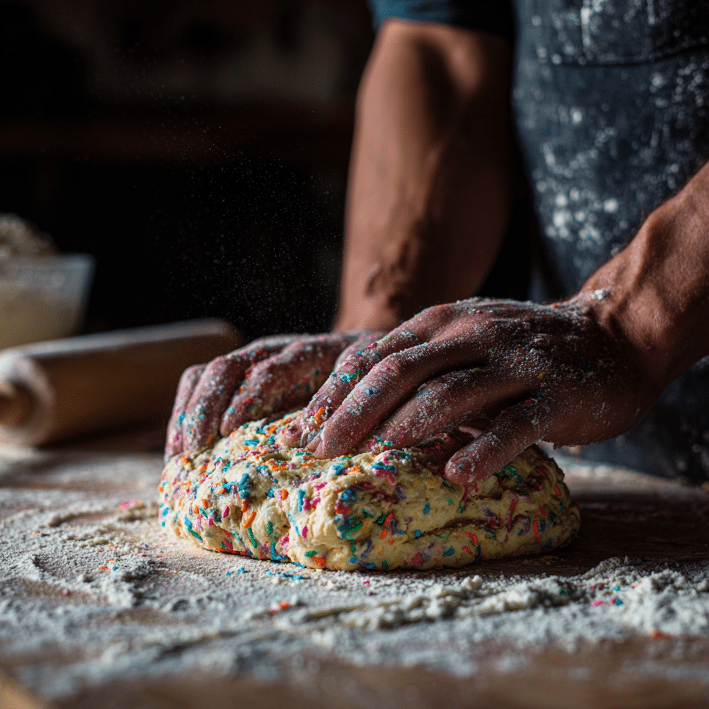 Rainbow Sprinkle Scones: 7 Sweet Steps to a Colorful Breakfast 7 Shaping rainbow sprinkle scone dough by hand before baking.