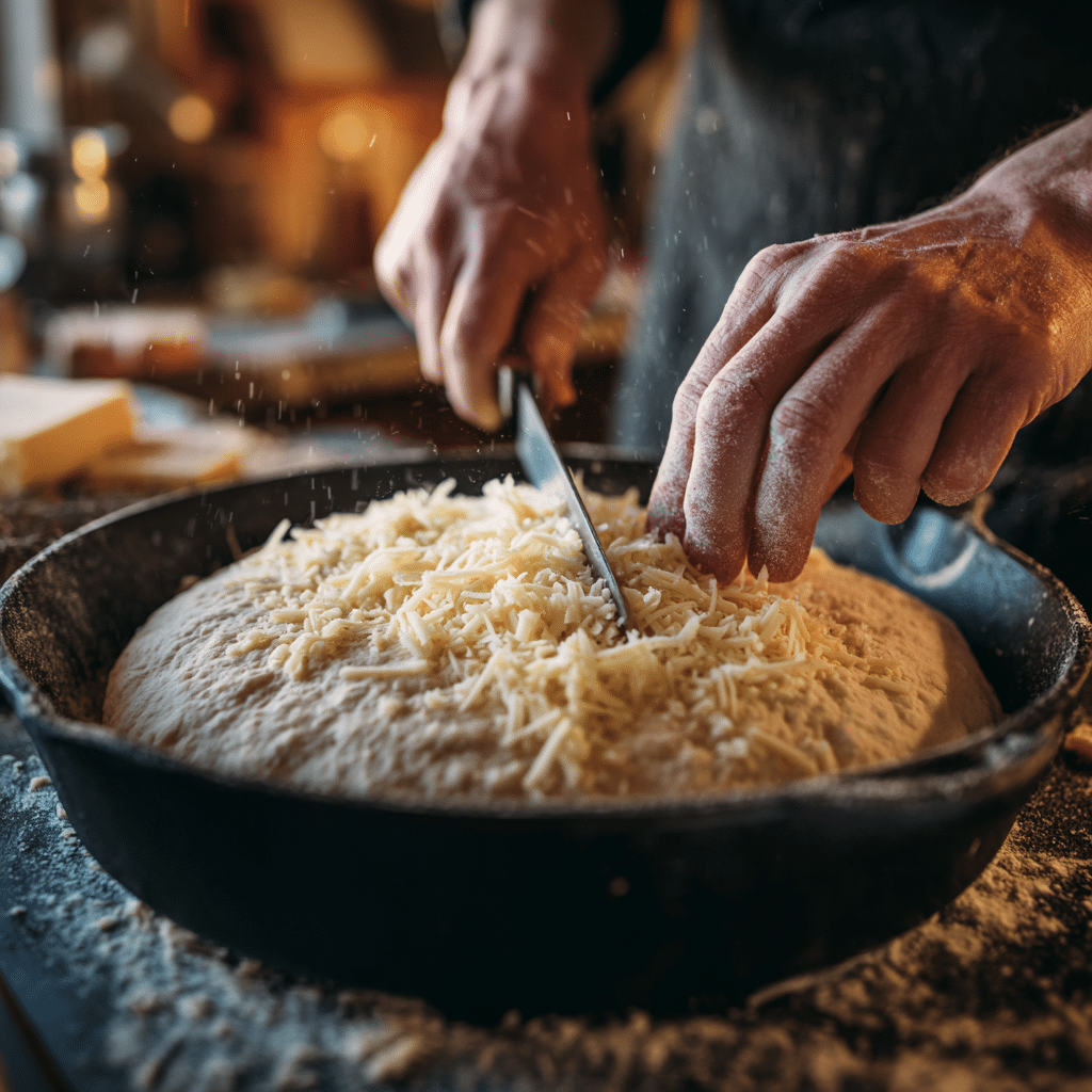 Asiago Bread 7 Secrets to Perfect Crust 7 "Scoring asiago bread dough and topping with cheese before baking in skillet"