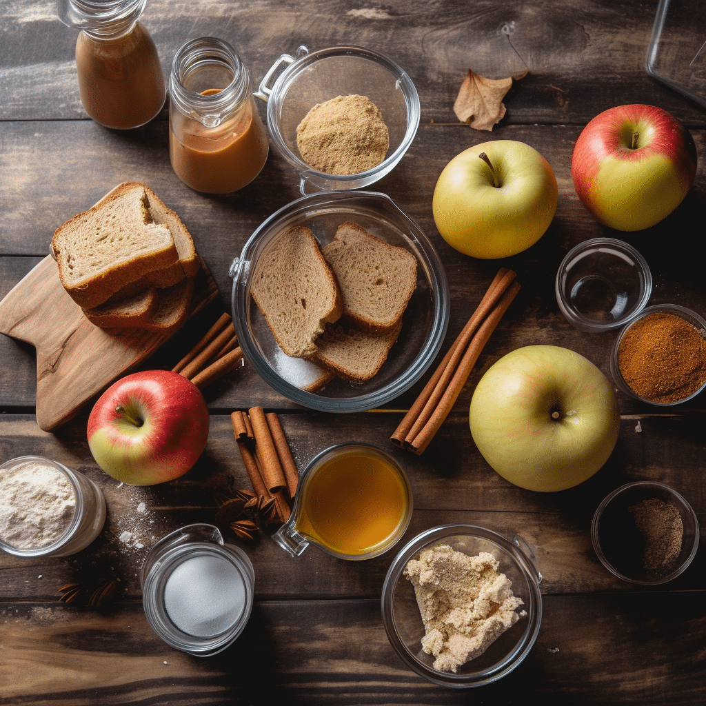 Baked Apple Cider French Toast: 7 Irresistible Fall Wins 6 “Ingredients for baked apple cider French toast arranged on a rustic wooden table.”