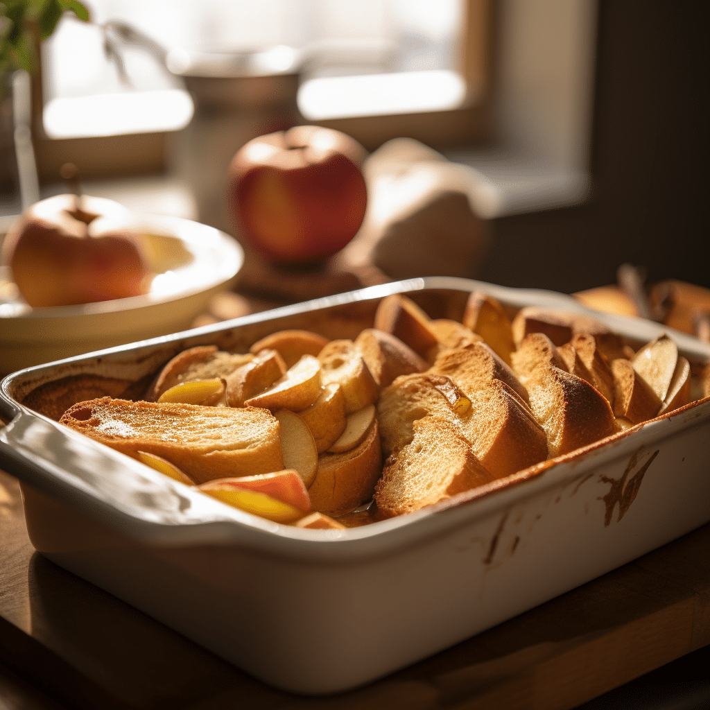 Baked Apple Cider French Toast: 7 Irresistible Fall Wins 7 Bread slices dipped in apple cider custard and layered in a casserole dish for baked apple cider French toast.”