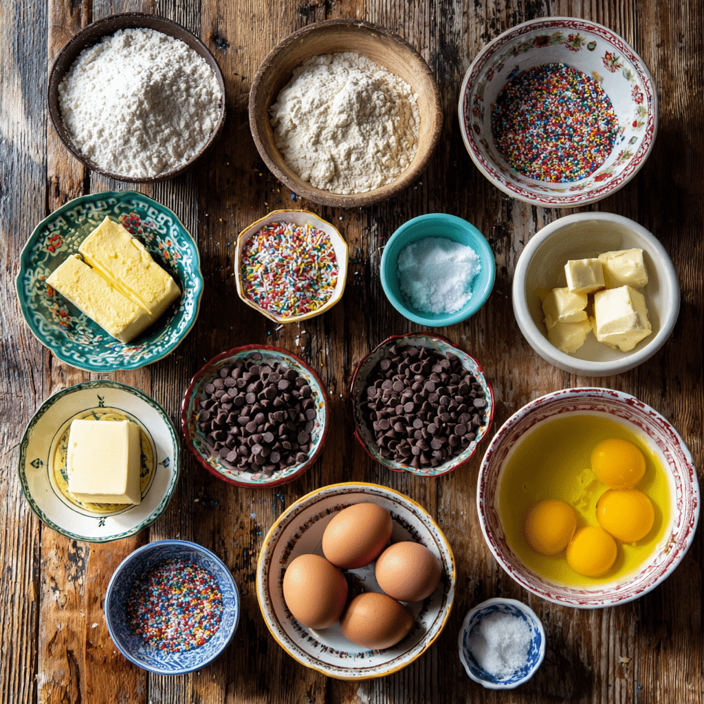 Cake Batter Chocolate Chip Cookies: 7 Secrets to Soft, Chewy Perfection 6 Ingredients for Cake Batter Chocolate Chip Cookies including flour, butter, sprinkles, and chocolate chips