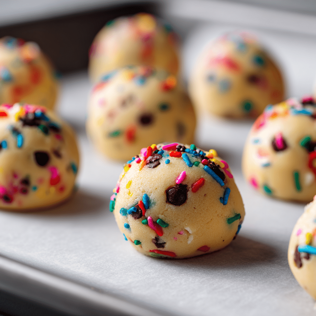 Cake Batter Chocolate Chip Cookies: 7 Secrets to Soft, Chewy Perfection 7 Unbaked Cake Batter Chocolate Chip Cookie dough balls on a tray with colorful sprinkles and chocolate chips