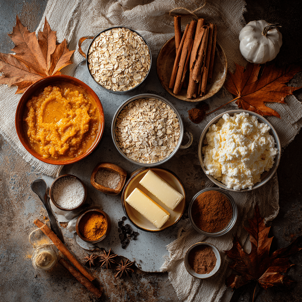 Pumpkin Oatmeal Cream Pies: 7 Secrets to Soft & Chewy Fall Cookies 7 Pumpkin oatmeal cream pie ingredients including oats, pumpkin puree, and spices arranged on a fall-themed rustic table
