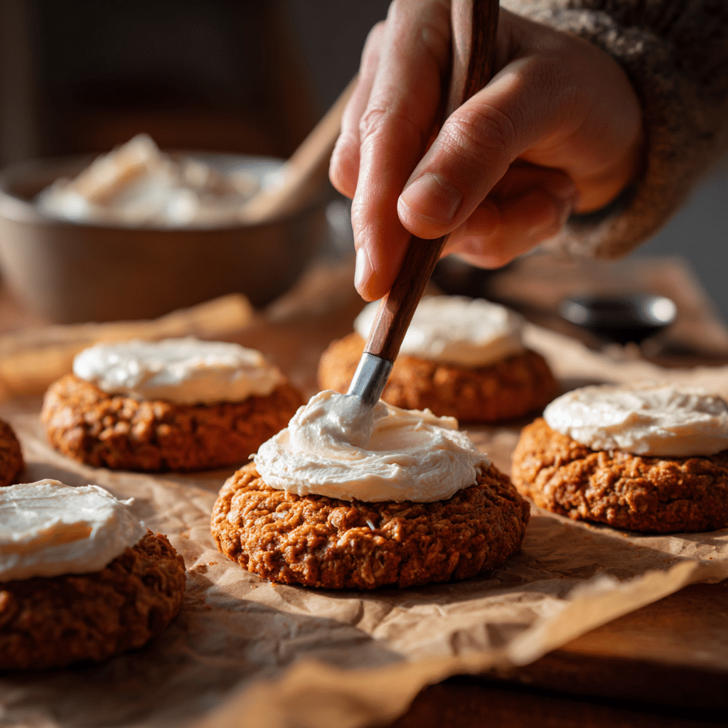 Pumpkin Oatmeal Cream Pies: 7 Secrets to Soft & Chewy Fall Cookies 8 Hands piping cream cheese filling onto pumpkin oatmeal cookies before sandwiching