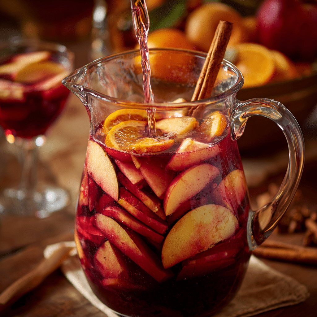 Honeycrisp Apple Sangria: 7 Irresistible Reasons to Make This Fall Favorite 7 Pitcher of non-alcoholic Honeycrisp Apple Sangria being mixed with floating fruit and cinnamonβ