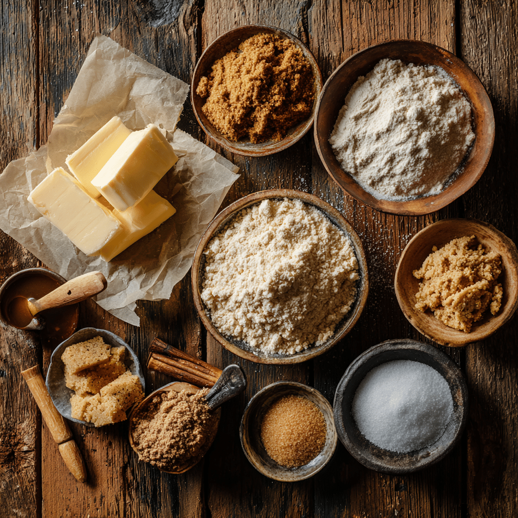 Brown Sugar Shortbread: 6-Ingredient Irresistible Treat 6 Ingredients for Brown Sugar Shortbread laid out on a wooden surface.