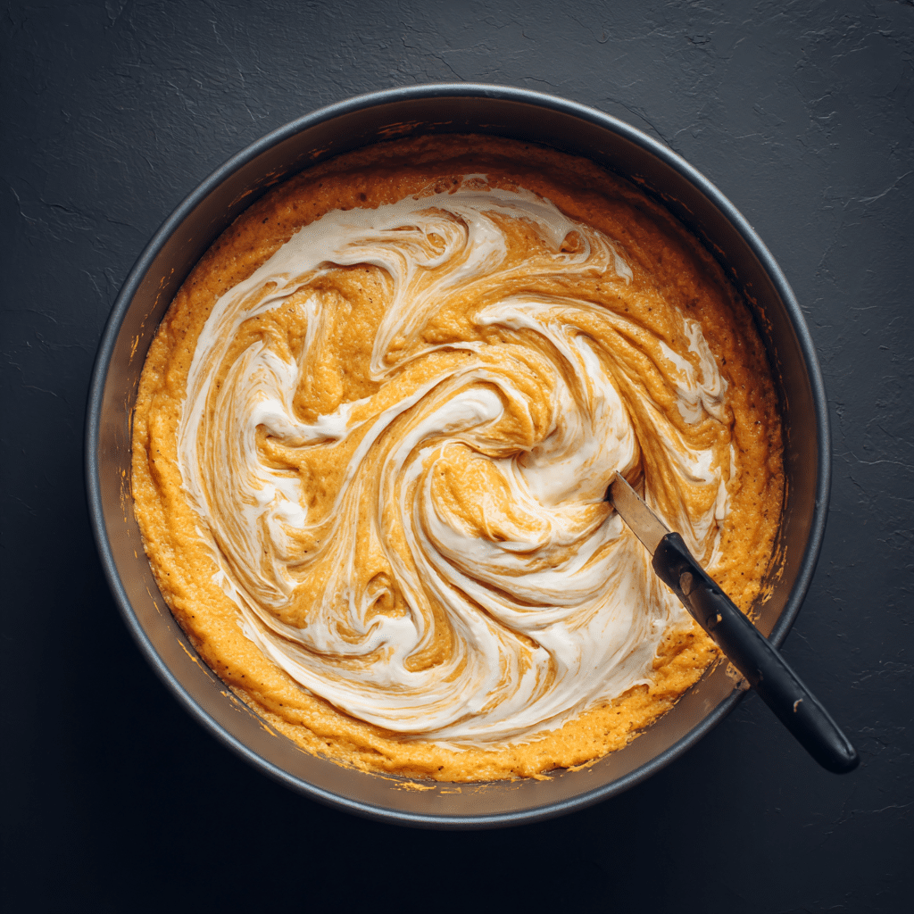Pumpkin Cream Cheese Bundt Cake – 7 Heavenly Reasons to Bake 7 “Swirling cream cheese filling into Pumpkin Cream Cheese Bundt Cake batter before baking”