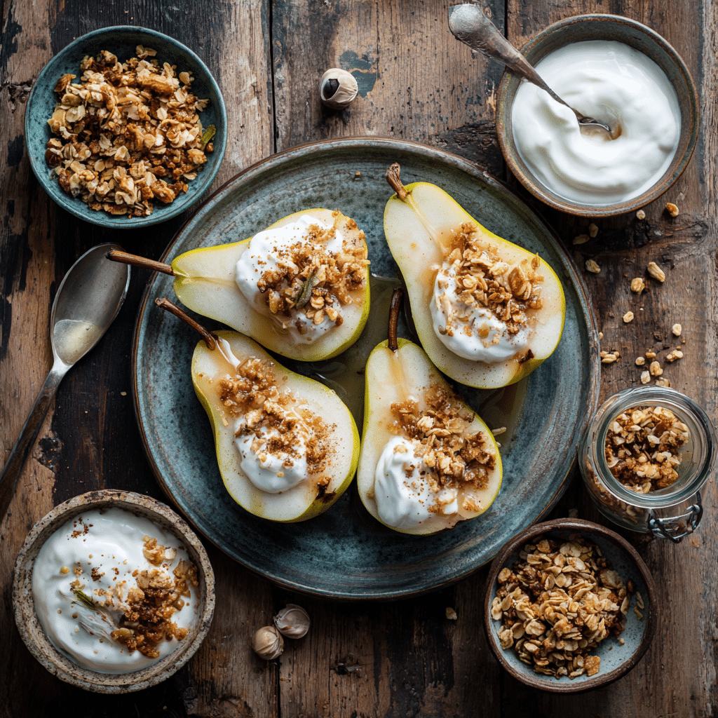 Easy Maple Baked Pears: 4‑Ingredient Comfort in 30 Minutes 6 “Ingredients for Easy Maple Baked Pears: fresh pears, maple syrup, cinnamon, vanilla, granola, and yogurt on rustic table”