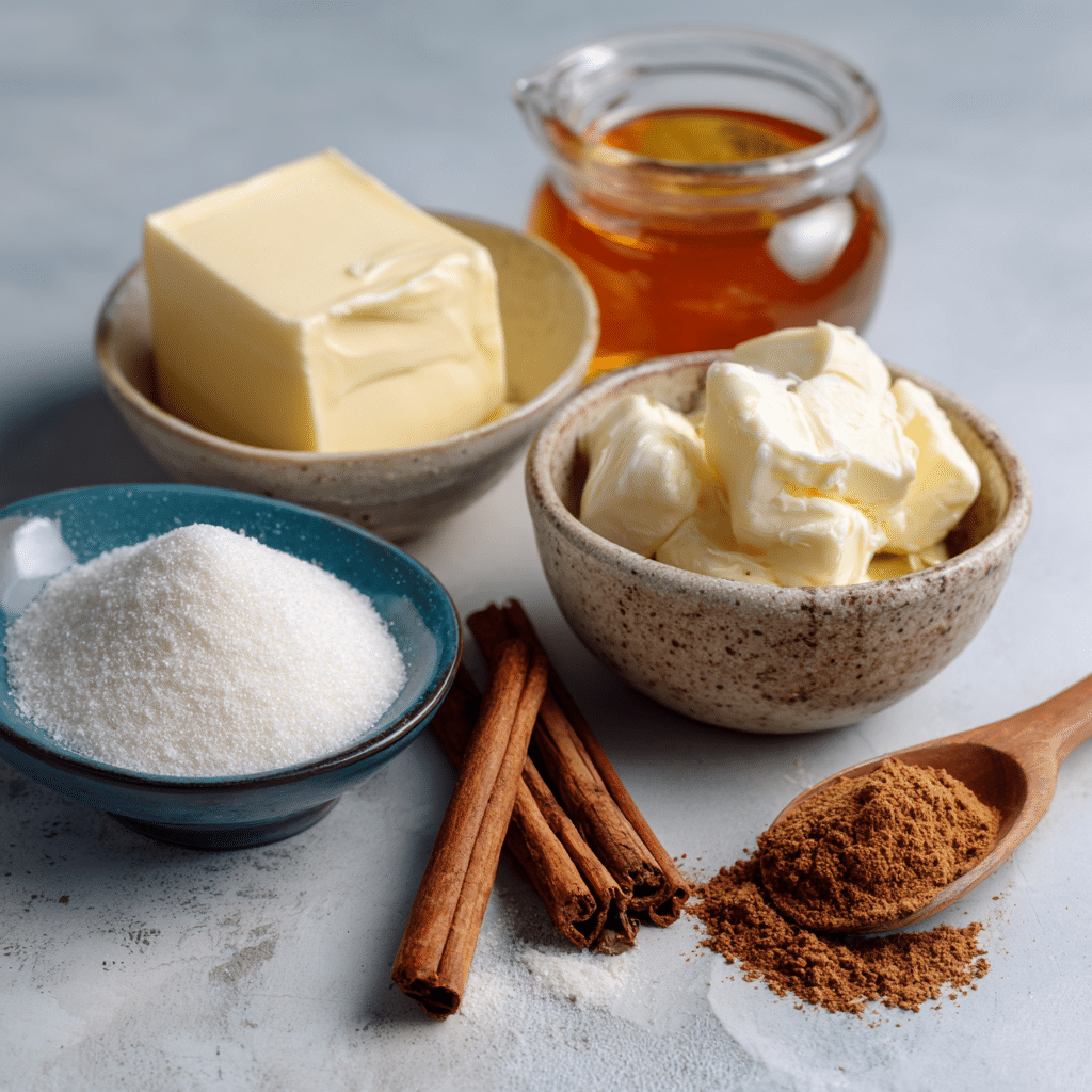 Homemade Cinnamon Butter: 5-Minute Sweet Spread Magic 6 “Ingredients for Homemade Cinnamon Butter including butter, cinnamon, powdered sugar, honey, and salt.”