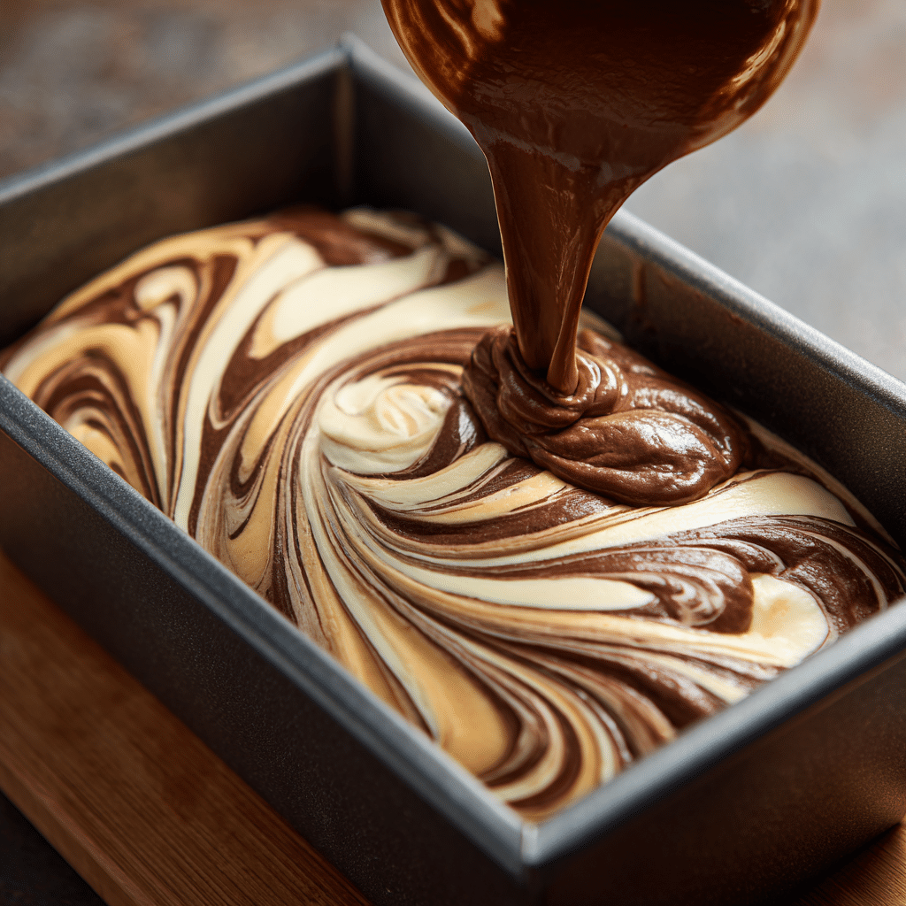 Marble Loaf Cake: 7 Secrets for Perfect Chocolate-Vanilla Swirls 8 Swirling chocolate and vanilla batters for marble loaf cake in a loaf pan.