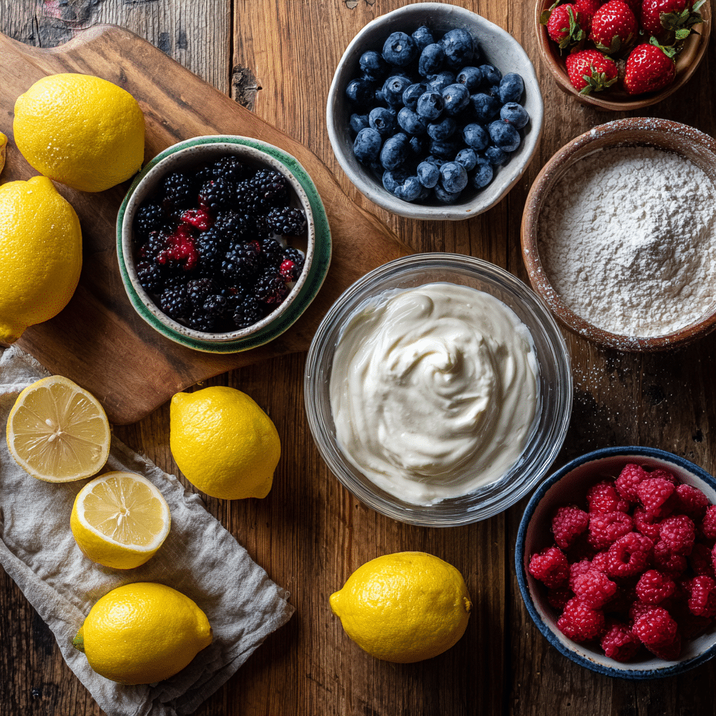 Lemon Berry Yogurt Cake – 7 Irresistible Tips for a Perfectly Moist Dessert 7 Lemon Berry Yogurt Cake ingredients laid out on wooden surface