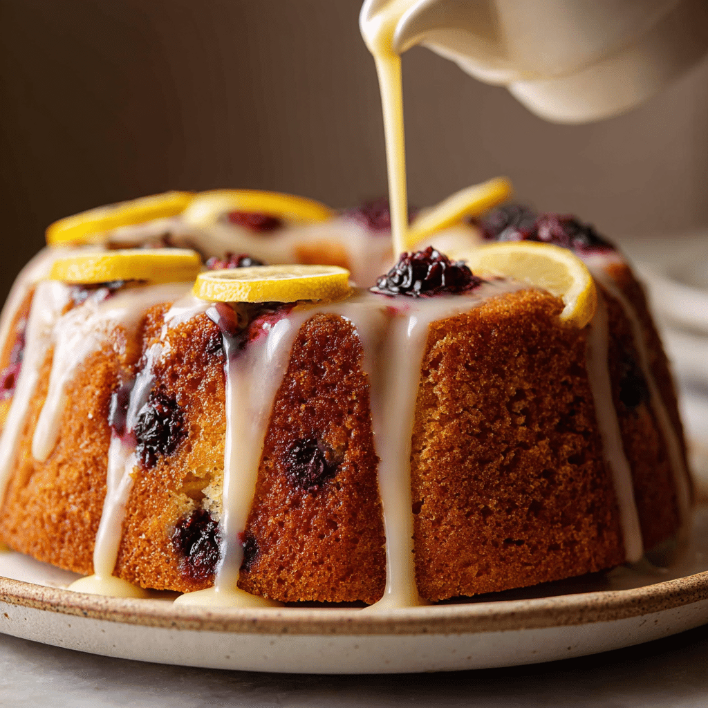 Lemon Berry Yogurt Cake – 7 Irresistible Tips for a Perfectly Moist Dessert 8 Drizzling lemon glaze over cooled Lemon Berry Yogurt Cake