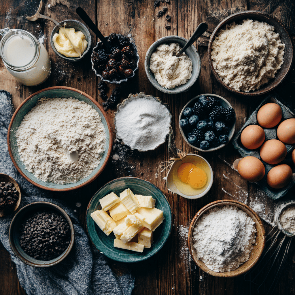 Scones Recipe: 7 Proven Tips for Perfect, Fluffy Bakes 7 Fresh ingredients for the perfect scones recipe arranged on a wooden table.