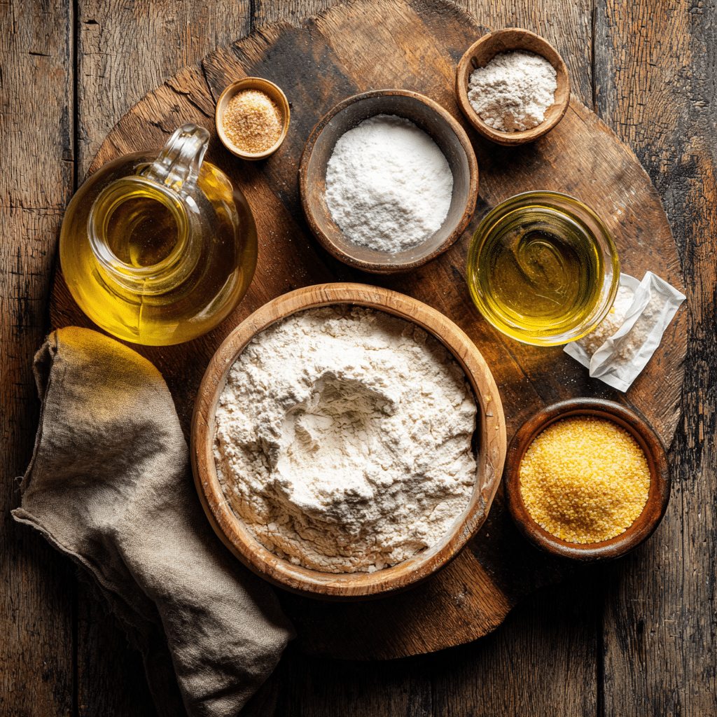 Homemade Pizza Crust Recipe: 7 Easy Steps for Perfect Dough 6 Fresh ingredients for homemade pizza crust recipe displayed on a rustic wooden counter.