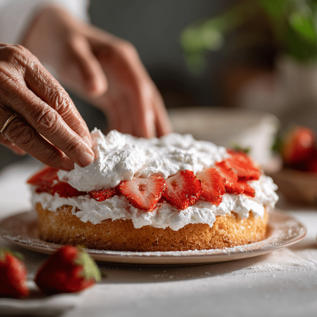 Strawberry Shortcake Cake – 7 Sweet Tips for the Perfect Slice 8 Spreading whipped cream on sponge cake for strawberry shortcake cake assembly.