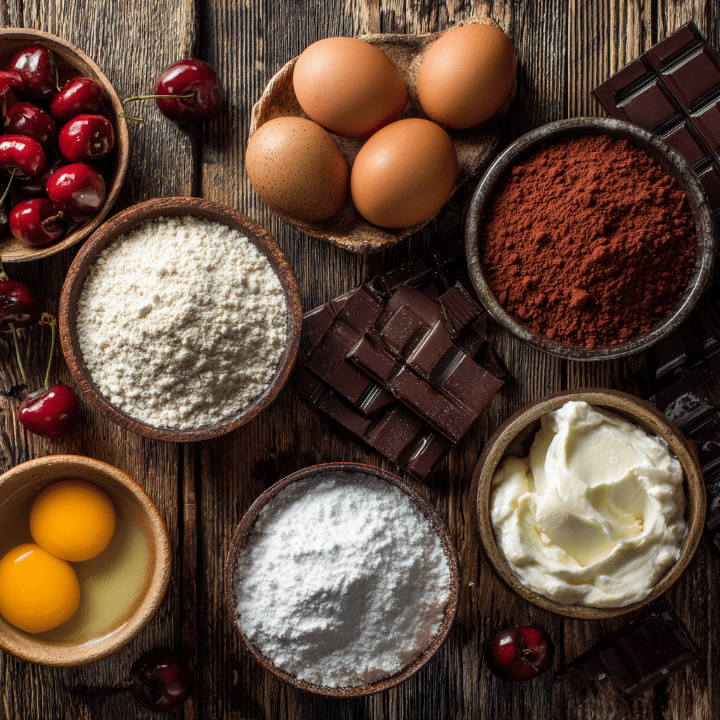 Black Forest Cake – 7 Secrets to a Rich & Decadent Dessert 6 Black Forest Cake ingredients including cocoa, cherries, and whipped cream on a rustic table.