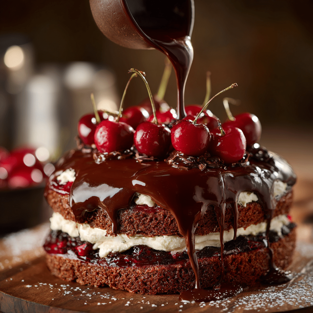 Black Forest Cake – 7 Secrets to a Rich & Decadent Dessert 7 Chocolate ganache being poured over a layered Black Forest Cake.