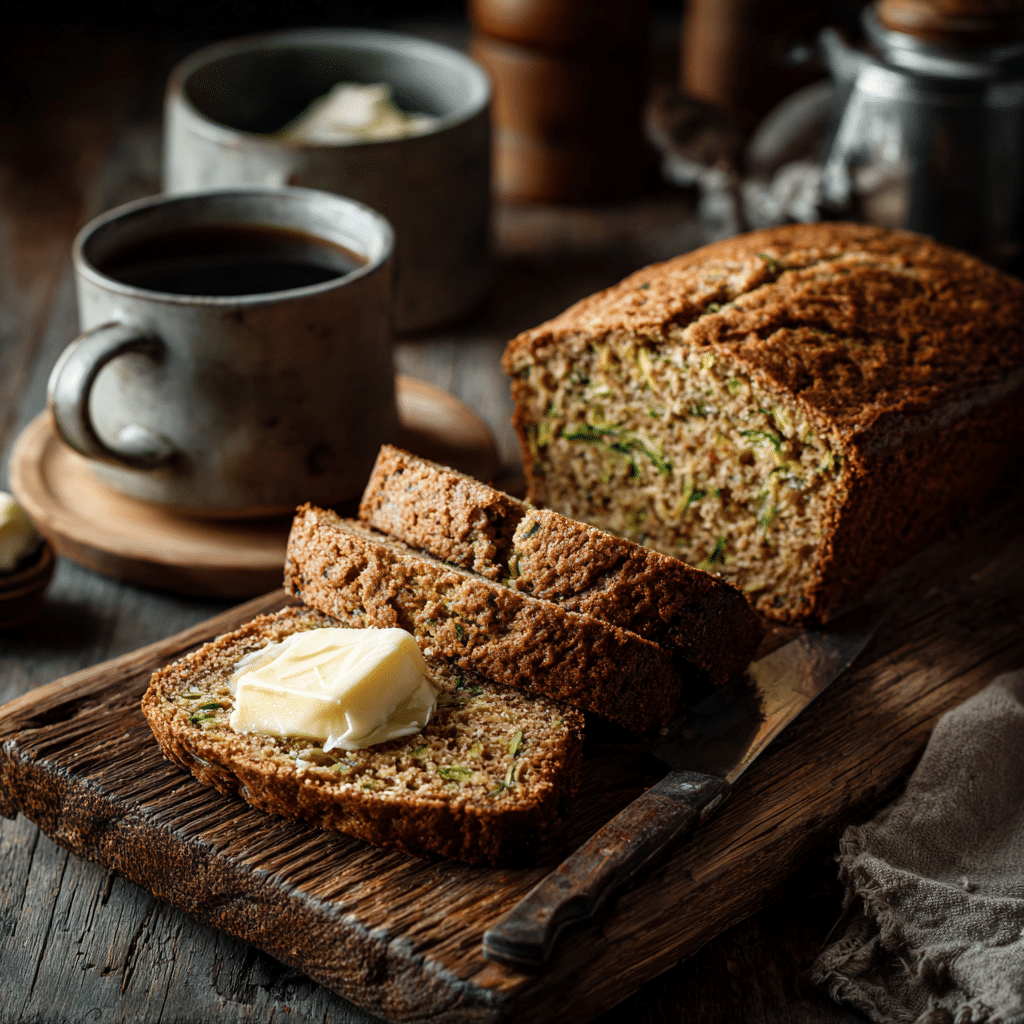Zucchini Bread Recipe – 7 Proven Tips for Irresistible Moistness 8 Freshly sliced zucchini bread served with butter and coffee.