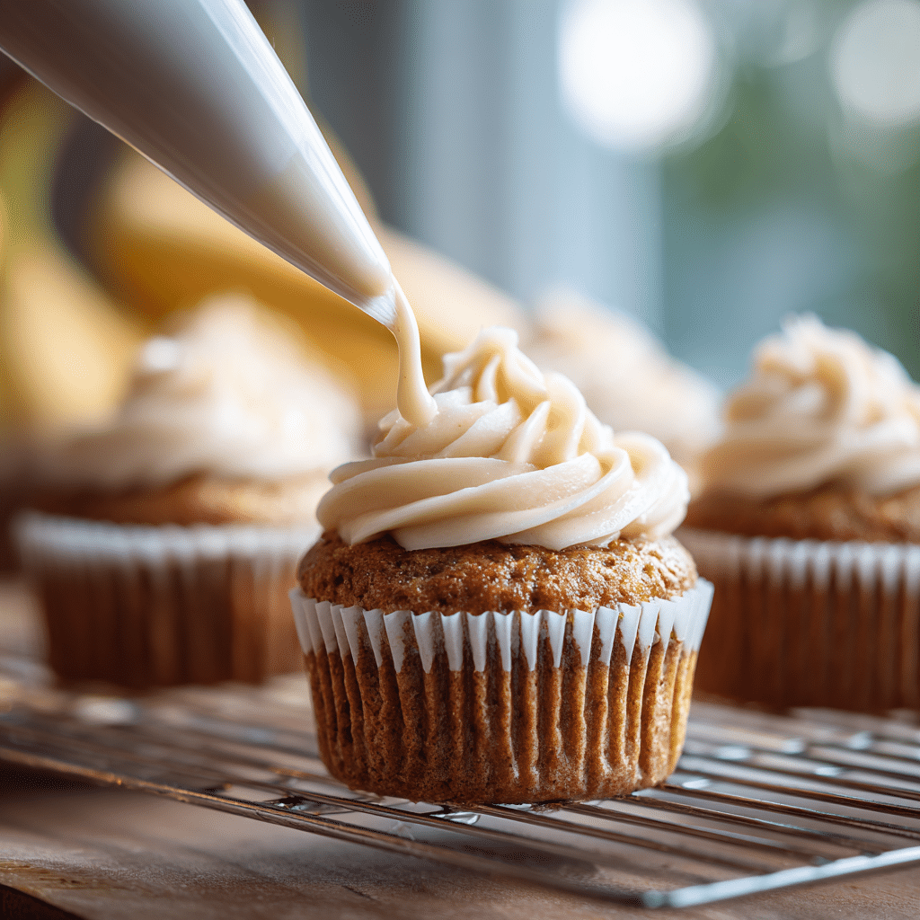 Banana Cupcakes with Cinnamon Cream Cheese Frosting – 7 Irresistible Tips 7 Piping cinnamon cream cheese frosting onto freshly baked banana cupcakes.