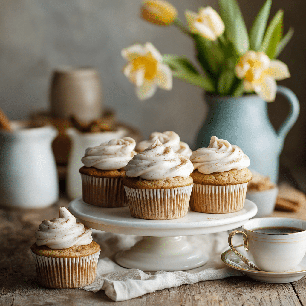 Banana Cupcakes with Cinnamon Cream Cheese Frosting – 7 Irresistible Tips 8 Banana cupcakes with cinnamon cream cheese frosting served with coffee.