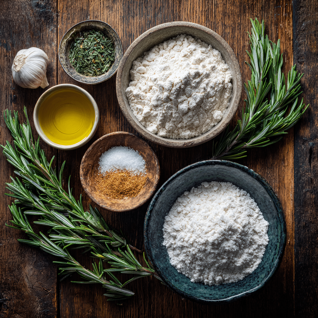 Homemade Artisan Crackers: 7 Easy Steps to Gourmet Snacking 6 Ingredients for homemade artisan crackers including flour, olive oil, rosemary, and spices on a rustic wooden surface.”
