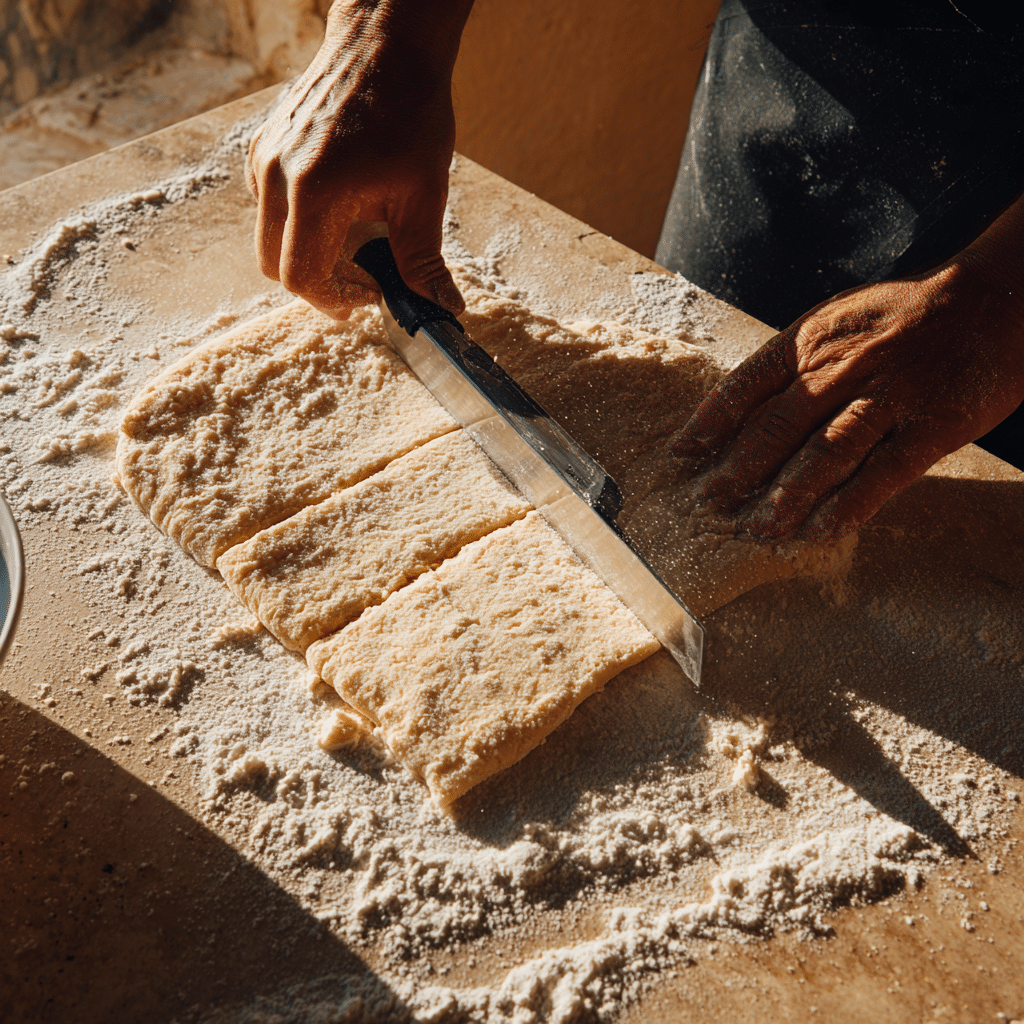 Homemade Artisan Crackers: 7 Easy Steps to Gourmet Snacking 7 Thin cracker dough being cut into rectangles with a pizza cutter on a floured surface.
