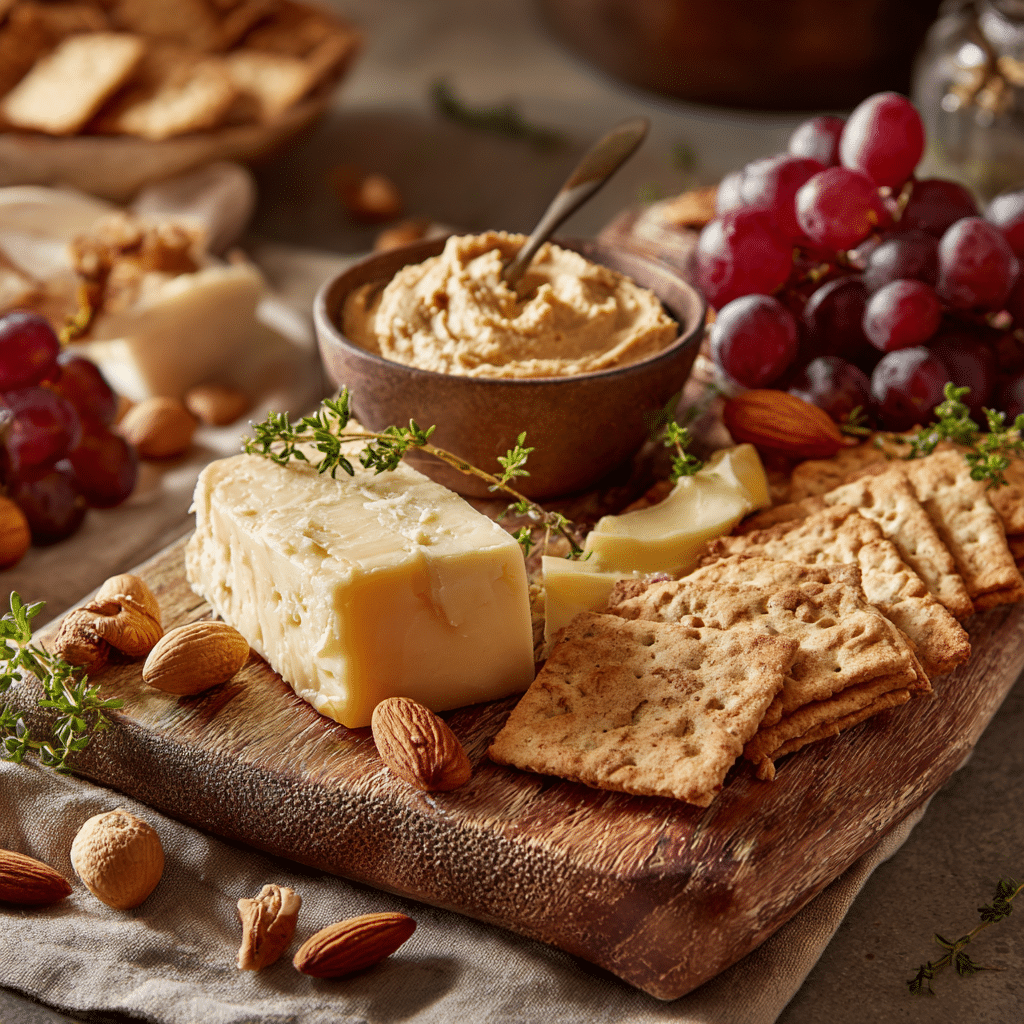 Homemade artisan crackers served on a cheese board with grapes, nuts, cheese, and dips.