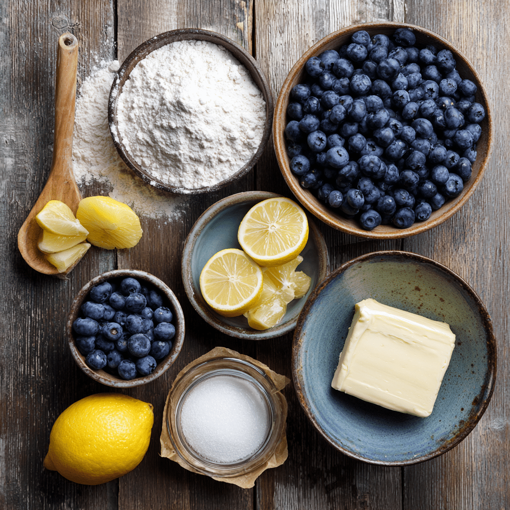 Blueberry Lemon Sweet Rolls – 7 Tips for Bakery-Perfect Results 6 Flat lay of ingredients for blueberry lemon sweet rolls including fresh blueberries, lemons, flour, and cream cheese.”