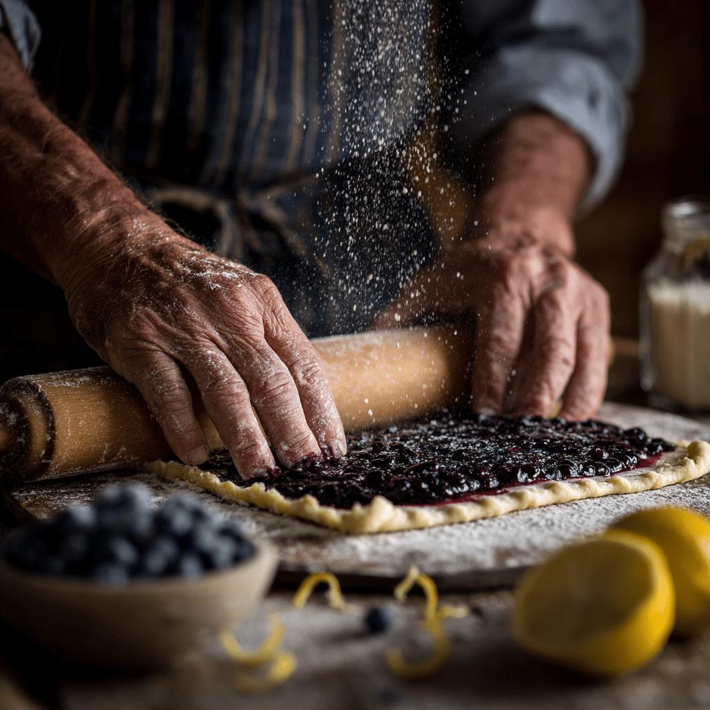 Blueberry Lemon Sweet Rolls – 7 Tips for Bakery-Perfect Results 7 Hands spreading blueberry filling over rolled dough for lemon sweet rolls in a rustic kitchen setting.”