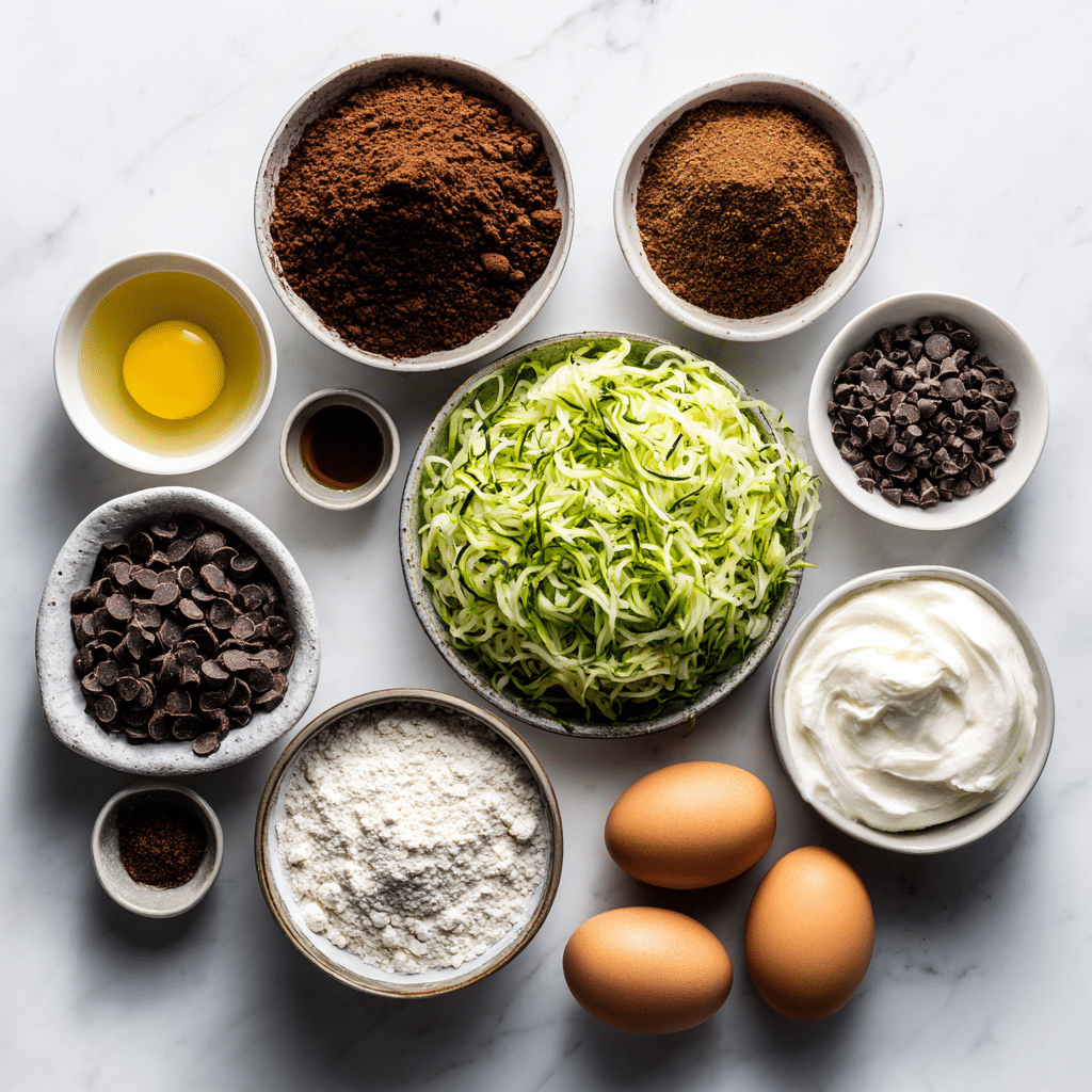 chocolate zucchini cake: 5 Secrets for an Irresistible Slice 6 Top-down view of fresh ingredients, beautifully arranged on a white marble counter.