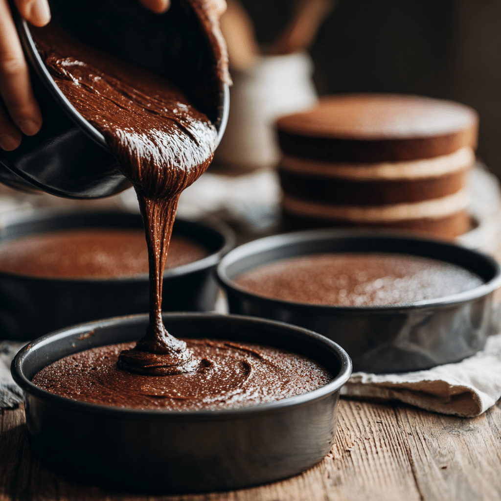 chocolate zucchini cake: 5 Secrets for an Irresistible Slice 7 Action shot of frosting being spread on a cake layer or batter being poured into pans. Clean kitchen background with natural light.