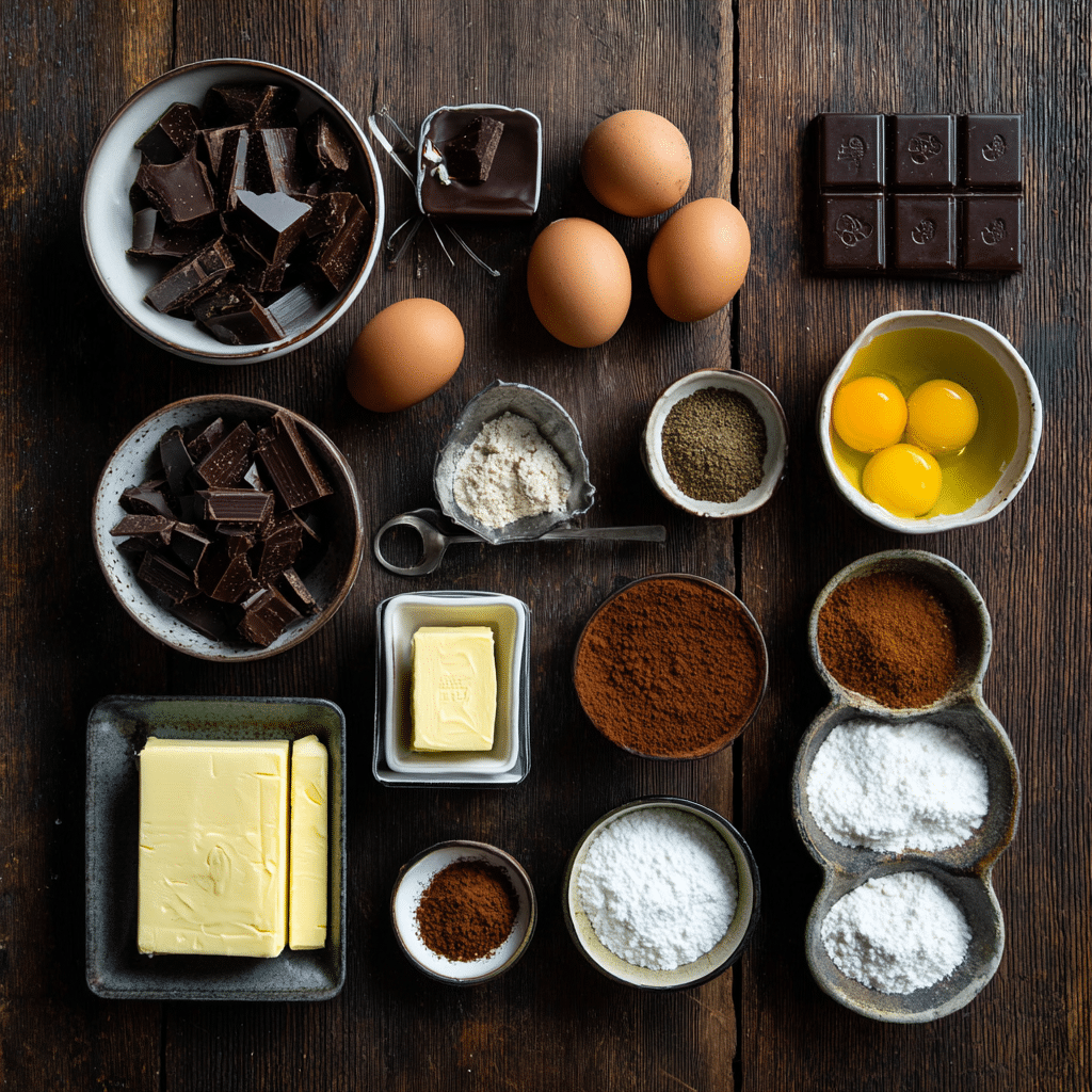 Flourless Chocolate Cake Recipe: 7 Secrets for a Fudgy Favorite 6 Ingredients for Flourless Chocolate Cake including chocolate, cocoa powder, butter, and eggs displayed on a rustic surface.”