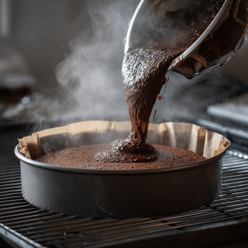 Flourless Chocolate Cake Recipe: 7 Secrets for a Fudgy Favorite 7 Pouring flourless chocolate cake batter into a lined pan with a steamy oven setup ready for baking