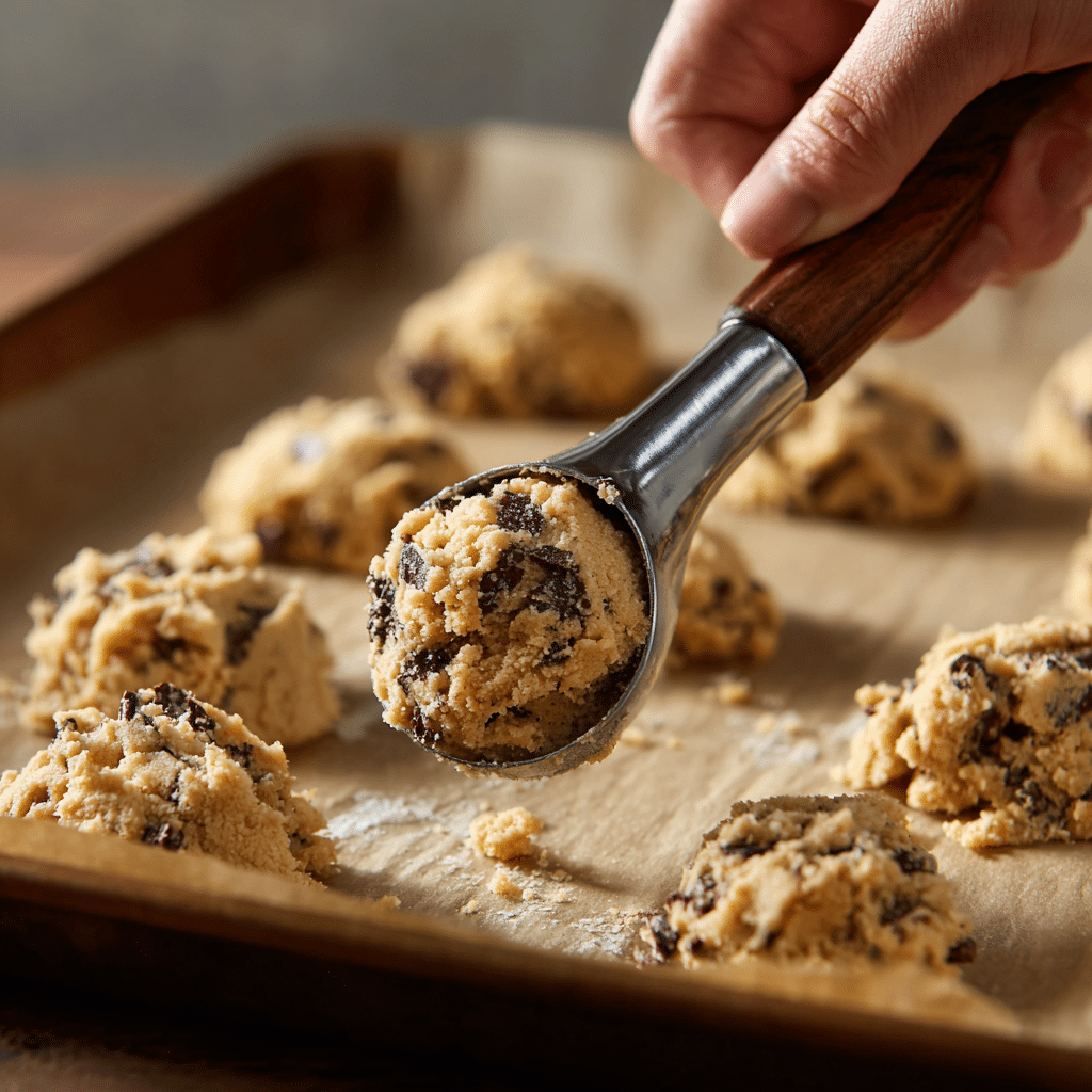 Dark Chocolate Chunk Oatmeal Cookies: 7 Powerful Reasons to Bake Them Now 7 Scooping dough for Dark Chocolate Chunk Oatmeal Cookies before baking